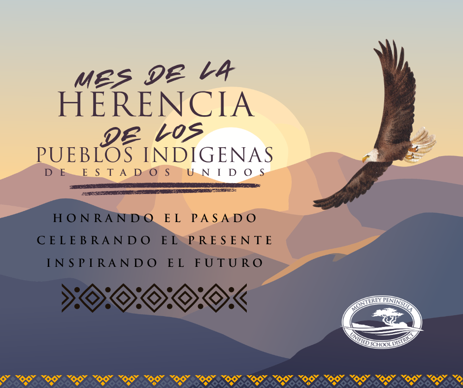 A graphic with mountains, a flying eagle, and text in Spanish reading "Mes de la Herencia de los Pueblos Indigenas de Estados Unidos."